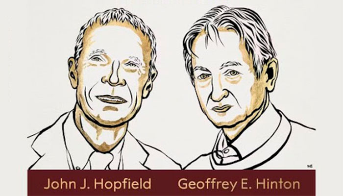 Ilustração oficial anuncia os vencedores do Prêmio Nobel de Física de 2024: John Hopfield e Geoffrey Hinton - Foto: reprodução