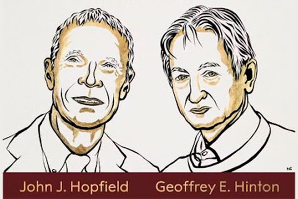 Ilustração oficial anuncia os vencedores do Prêmio Nobel de Física de 2024: John Hopfield e Geoffrey Hinton - Foto: reprodução