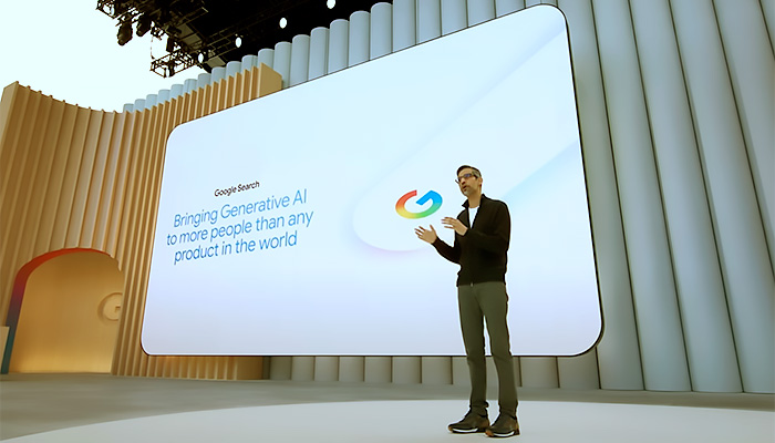 Sundar Pichai, CEO do Google e da Alphabet, anuncia o “Modo IA” na conferência Google I/O, em maio – Foto: reprodução